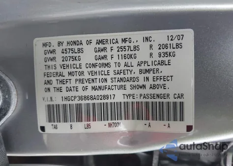 2008 Honda Accord 3.5 Ex-L z USA, uszkodzony, nr VIN 1HGCP36868A028917